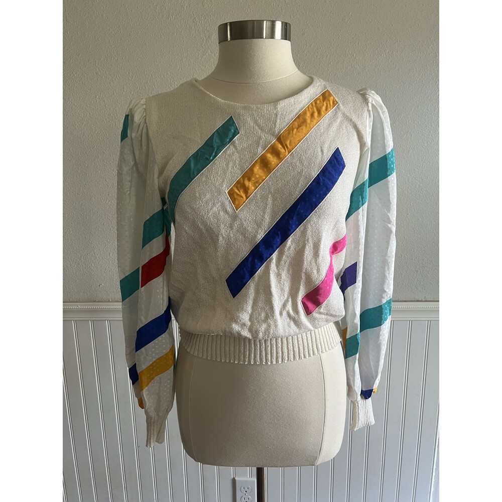 Vintage 1980s Blouson Knit Sweater Balloon Sleeve Coloblock Made in USA M